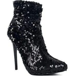 Lauren Lorraine Sequin Pointed-Toe Black Ankle Boots Size 7.5
